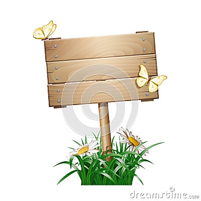 Summer wooden sign in green grass Vector Illustration