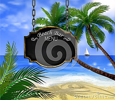 Summer wooden sign on tropical beach background Vector Illustration