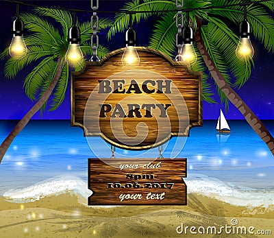 Summer wooden sign on tropical beach background Vector Illustration