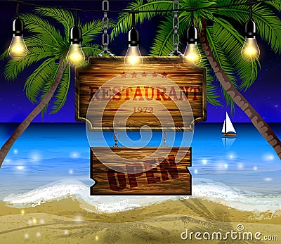 Summer wooden sign on tropical beach background Vector Illustration