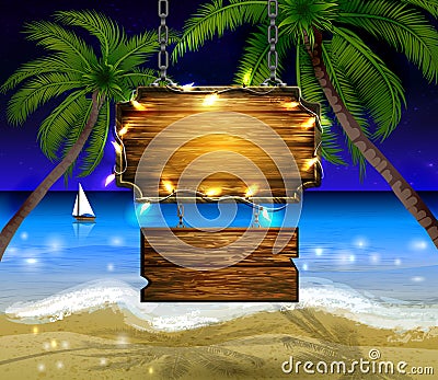 Summer wooden sign on tropical beach background Vector Illustration