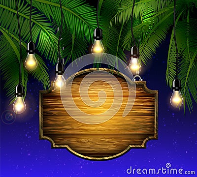 Summer wooden sign on tropical beach background Vector Illustration