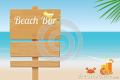 Summer wooden sign on tropical beach background Vector Illustration