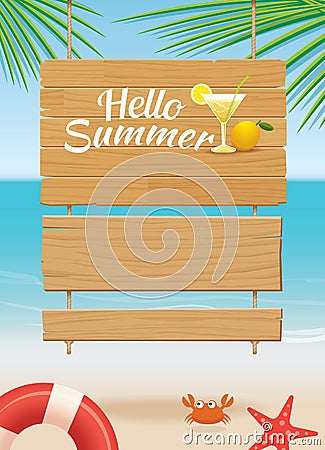 Summer wooden sign on tropical beach background Vector Illustration