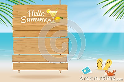 Summer wooden sign on tropical beach background Vector Illustration