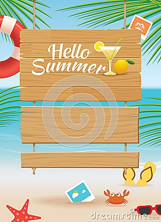 Summer wooden sign on tropical beach background Vector Illustration