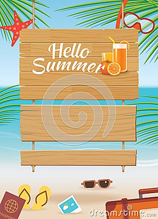 Summer wooden sign on tropical beach background Vector Illustration