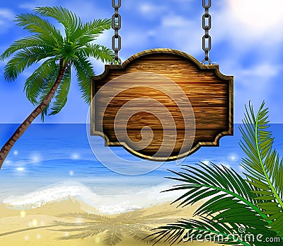 Summer wooden sign on tropical beach background Vector Illustration