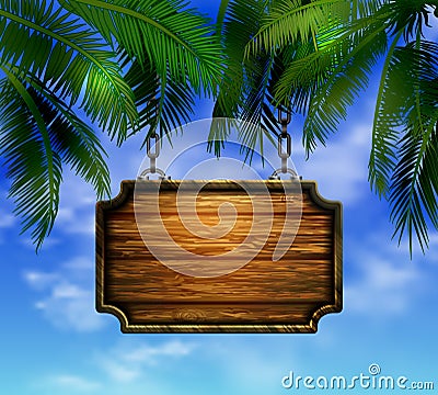 Summer wooden sign on tropical beach background Vector Illustration
