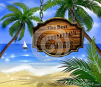 Summer wooden sign on tropical beach background Vector Illustration