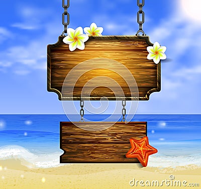 Summer wooden sign on tropical beach background Vector Illustration