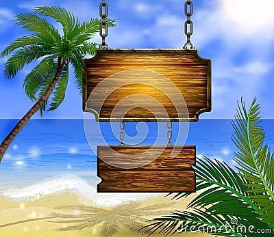 Summer wooden sign on tropical beach background Vector Illustration