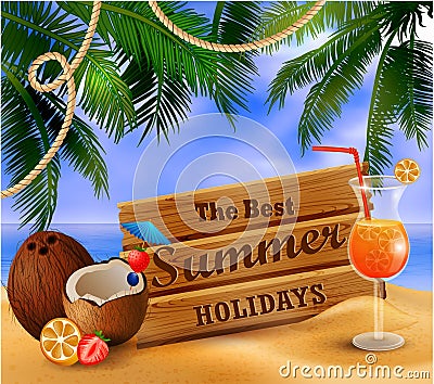 Summer wooden sign on tropical beach background Vector Illustration