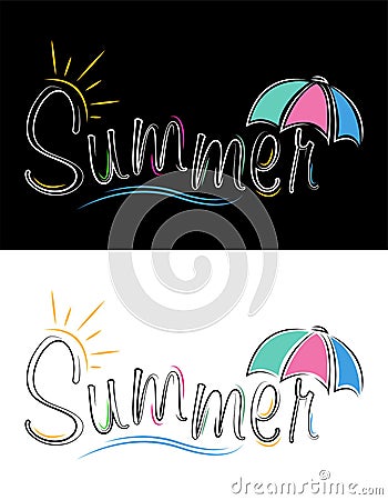 Summer word Coloring lines with umbrella and sun hand drawn Vector Illustration