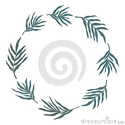 Summer wreath round frame with elegant palm leaves teal foliage silhouette. Seasonal laurel design. Hand drawn abstract vector Vector Illustration