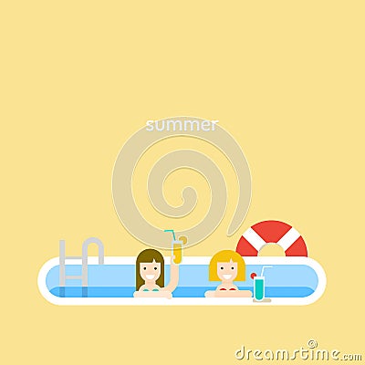 Two girls drink a cocktail in the pool. Vector Illustration