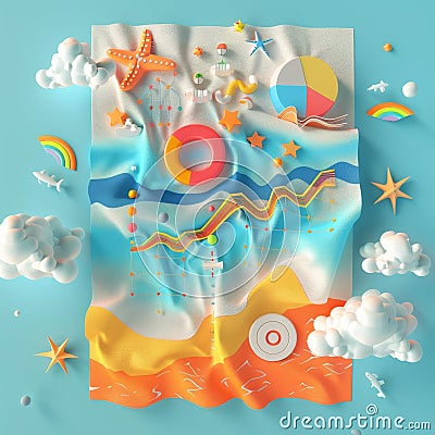 Summerthemed 3D render of a beach towel imprinted with dynamic data visualizations Stock Photo