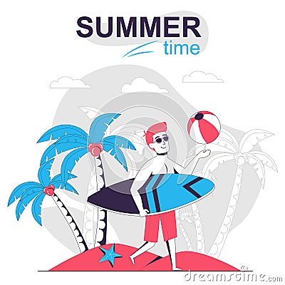 Summertime activity isolated cartoon concept. Man surfer resting on beach on vacation, people scene in flat design. Vector Vector Illustration