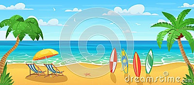Summertime on the beach. Palms and plants around Vector Illustration