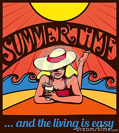 Summertime! Blond relaxed girl sunbathing on a beach poster Vector Illustration