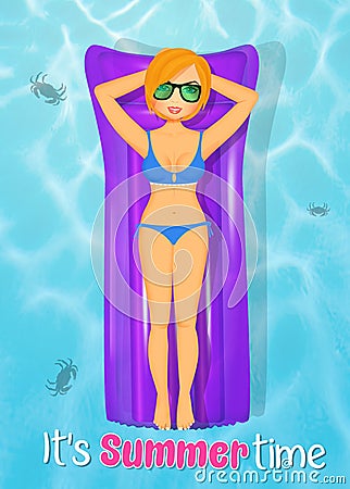 Summertime card with blonde girl sunbathes lying on the mattress at the sea Stock Photo