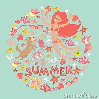 Summertime card. Circle cartoon design with summer icons, girl with a dog and text Vector Illustration