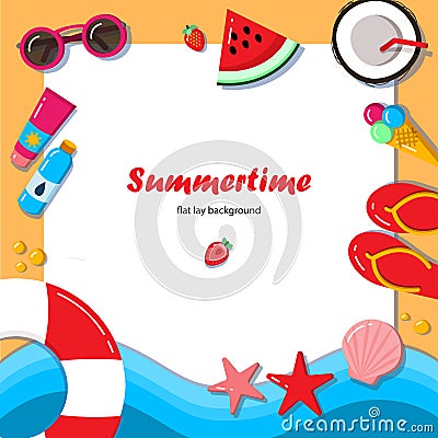 Summertime flat lay background. Vector Illustration