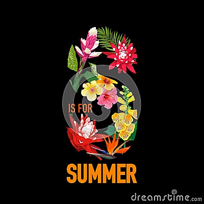 Summertime Floral Poster. Tropical Flowers and Palm Leaves Design for Banner, Flyer, Brochure, Fabric Print Hello Summer Vector Illustration