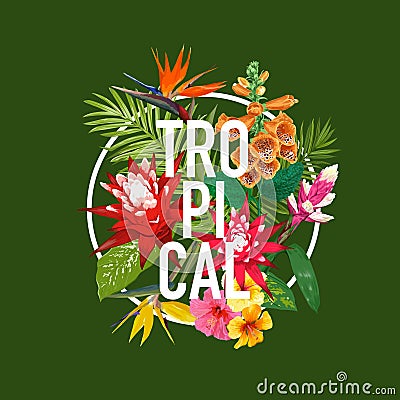 Summertime Floral Poster. Tropical Flowers and Palm Leaves Design for Banner, Flyer, Brochure, Fabric Print Hello Summer Vector Illustration