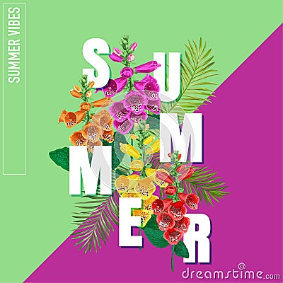 Summertime Floral Poster. Tropical Tiger Lily Flowers Design for Banner, Flyer, Brochure, Fabric Print. Hello Summer Vector Illustration