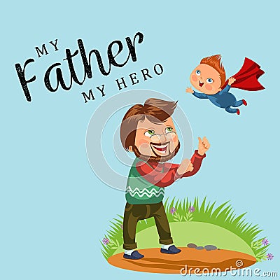 Summertime, Happy joyful child, dad fun throws up son in the air, weekend summer family activity vector illustration Vector Illustration