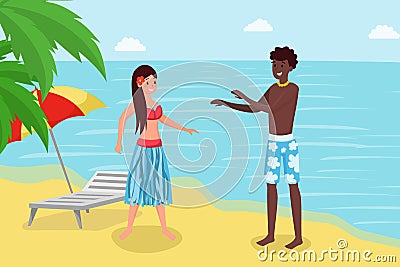 Summertime holiday at luxury tropical resort. Cute couple, girlfriend and boyfriend reaxing on seashore cartoon Vector Illustration