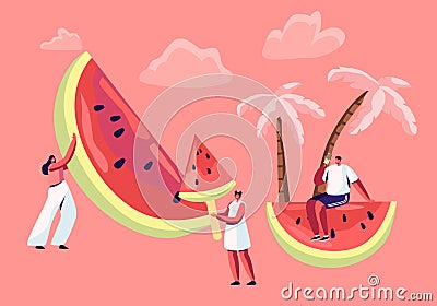Summertime Leisure, Beach Party. Tiny Male and Female Characters with Huge Watermelon. People Enjoying Summer Vacation Vector Illustration