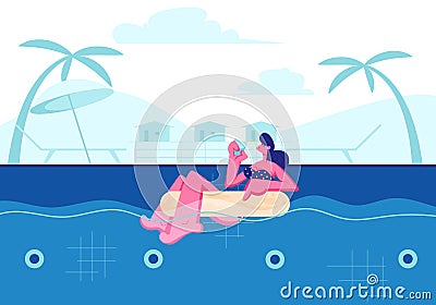 Summertime Leisure, Vacation. Young Happy Woman Relaxing on Resort, Floating at Inflatable Ring in Swimming Pool and Drinking Vector Illustration