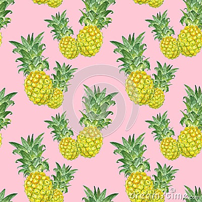 Summertime print with watercolor ripe pineapples on pink background. Hawaiian seamless pattern, fresh summer fruits Stock Photo