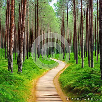 summertime scene of a pine path through the Banner supporting the environment and Spring and summer and a web banner Cartoon Illustration