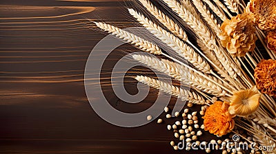 summertime scene. On a rustic table, you'll find an abundance of golden wheat, vibrant summer flowers, and delicious fruits. Stock Photo