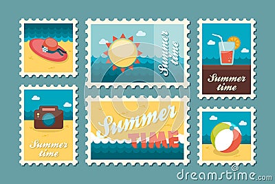 Summertime stamp set flat Vector Illustration