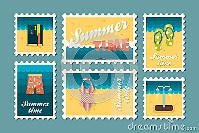 Summertime stamp set flat Vector Illustration