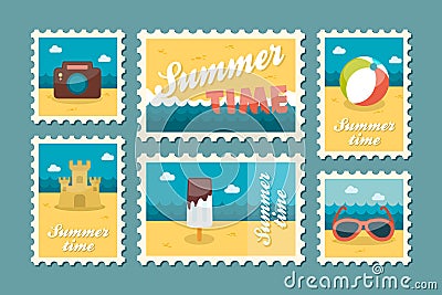 Summertime stamp set flat Vector Illustration