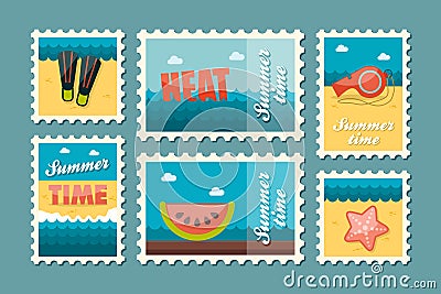 Summertime stamp set flat Vector Illustration