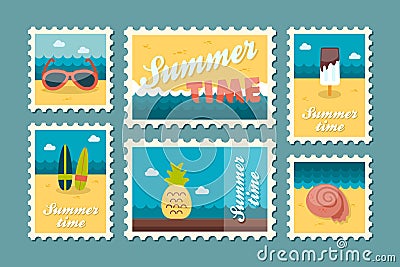 Summertime stamp set flat Vector Illustration