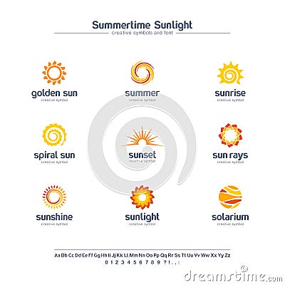 Summertime sunlight creative symbols set, font concept. Spiral sun rays, solarium abstract business logo. Summer sunrise Vector Illustration