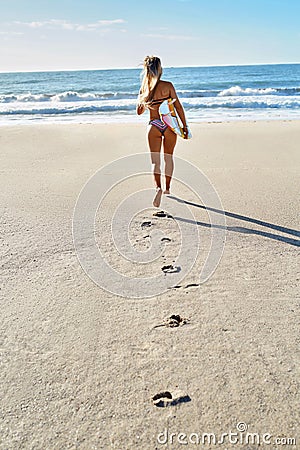 Summertime. Surfing. Summer Sport. Woman With Surfboard Running Stock Photo