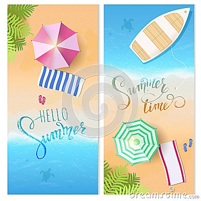 Summertime, tropical background, blue ocean landscape. Vacation, relax Vector Illustration