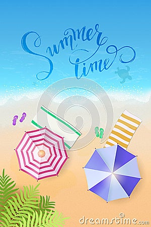 Summertime, tropical background, blue ocean landscape. Vacation, relax Vector Illustration