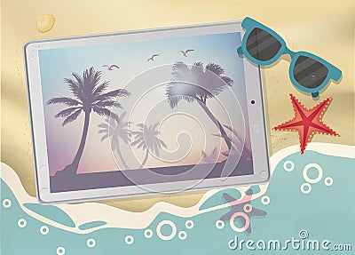 Summertime Tropical Vacation. Exotic Island with Palm Trees on tablet. Vector Illustration