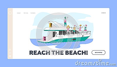 Summertime Vacation Cruise Landing Page Template. Young People Relaxing on Luxury Yacht at Ocean Vector Illustration