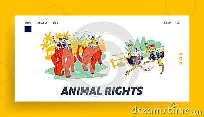 Summertime Vacation, Travel and Holidays Landing Page Template. Happy Tourists Characters Riding Elephant Vector Illustration
