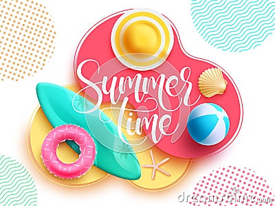 Summertime vector design. Summer time typography text in abstract shape and colorful pattern background with tropical elements. Vector Illustration
